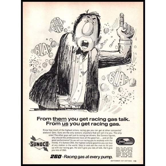 1971 Sunoco 260 Racing Gas Gasoline Vintage Print Ad Cartoon Wall Art Drawing - Picture 1 of 1